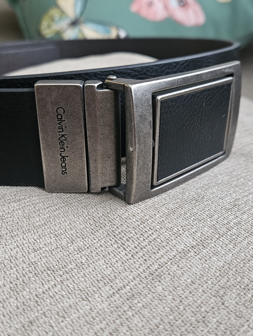 Calvin Klein MEN'S Black Leather Belt with Silver Brushed Logo Buckle